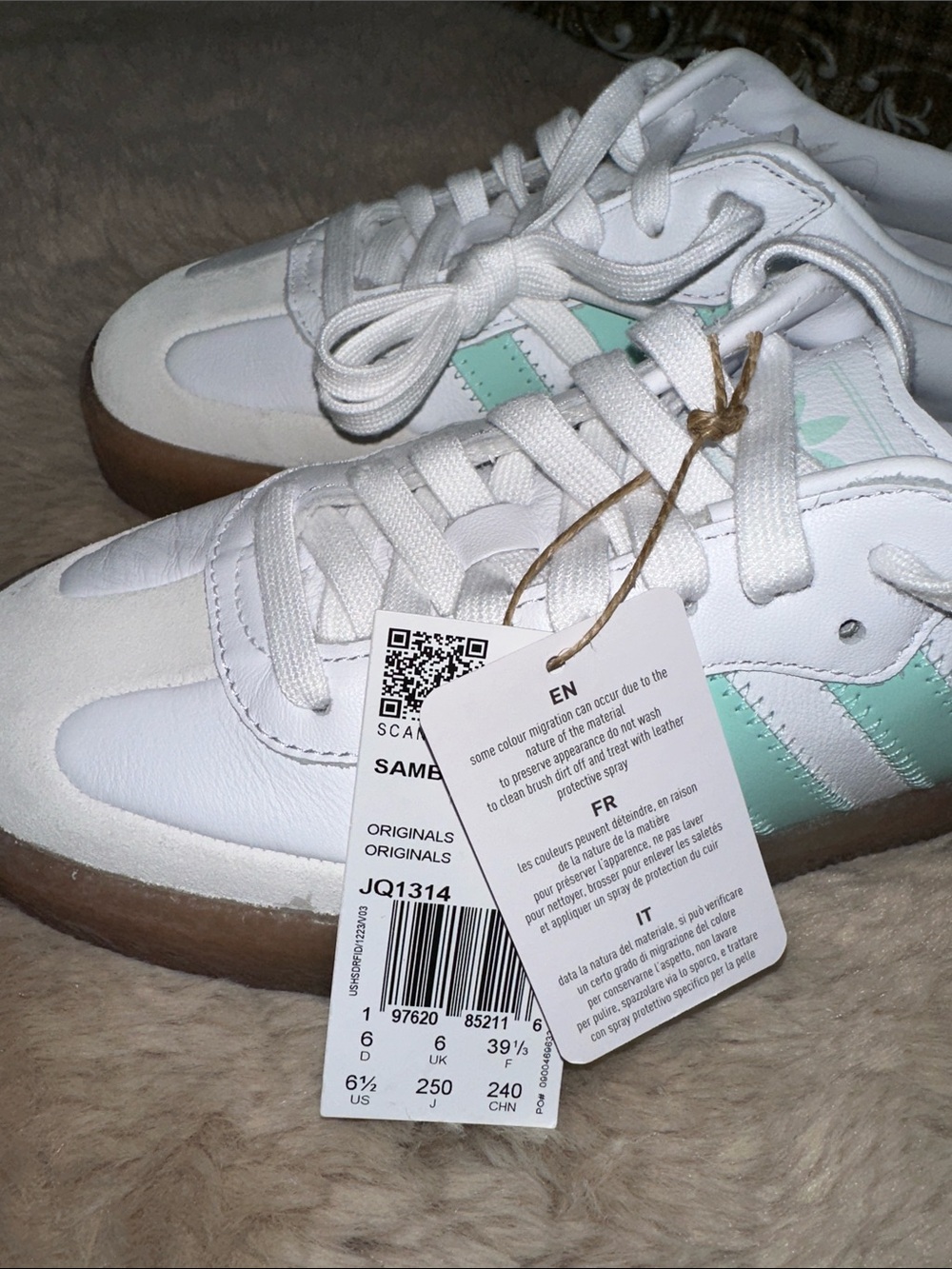 adidas White Sneakers with Mint Green Stripes and Gum Sole - Picture 9 of 14